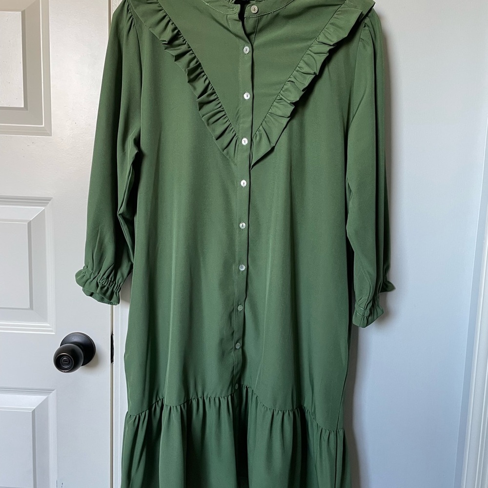 Green Ruffled Button-Down Dress